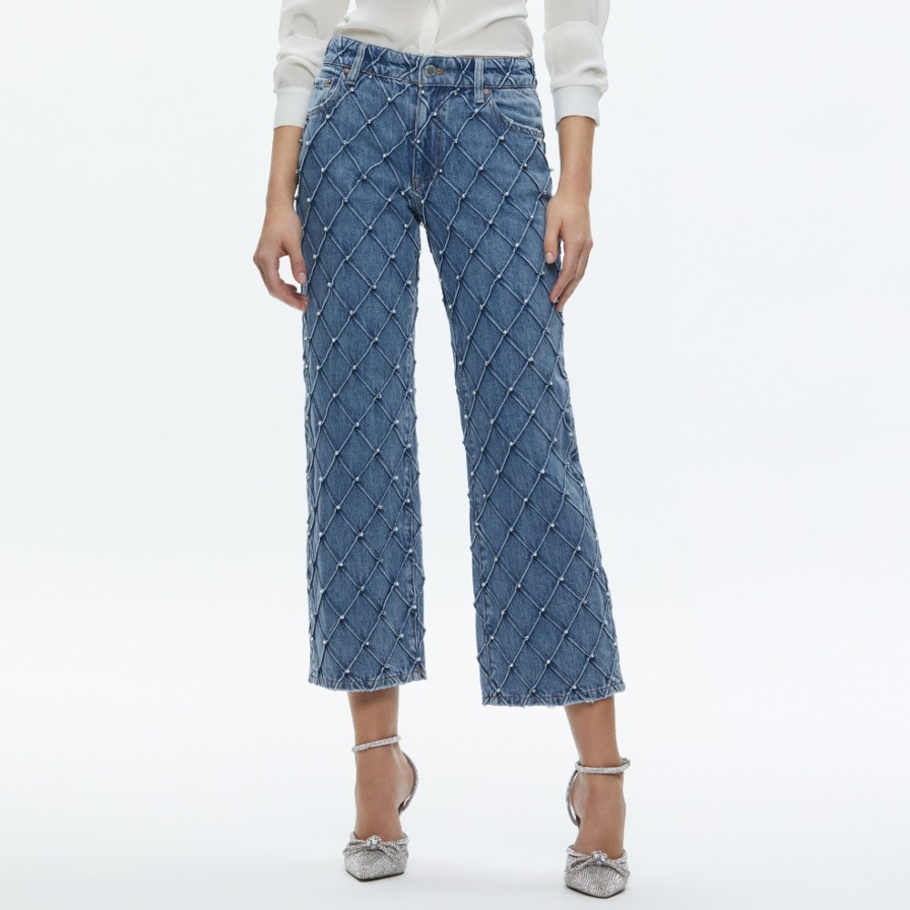 NWOT Alice + Olivia Weezy Quilted Embellished Cropped Mid Rise Jean